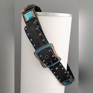 Black Leather Belt w/Colorful Glam Embellishments & Accents Blue/Green & Gold